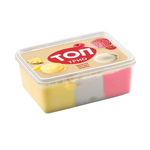 "TOP TRIO YOGHURT PINEAPPLE RASPBERRY” Two-layered milk ice cream with yoghurt flavor and fruit with raspberry flavor, with pineapple sherbet 400 g